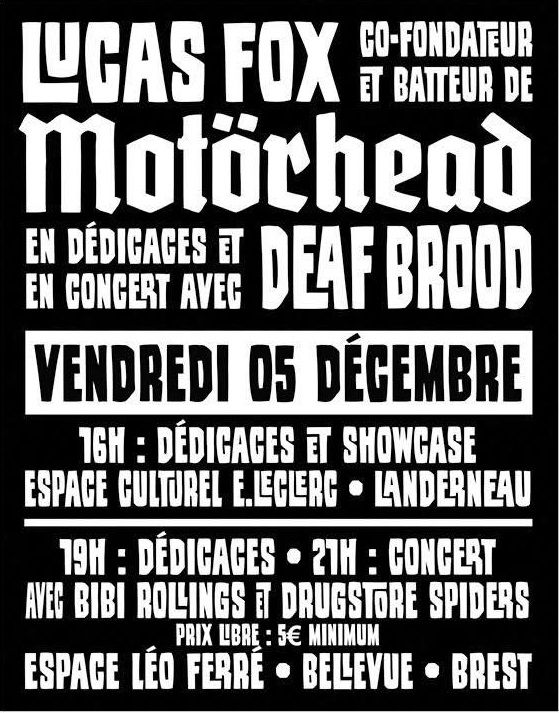 Affiche de DeafBrood + Lucas Fox (1er batteur de Motörhead) à Brest (29)