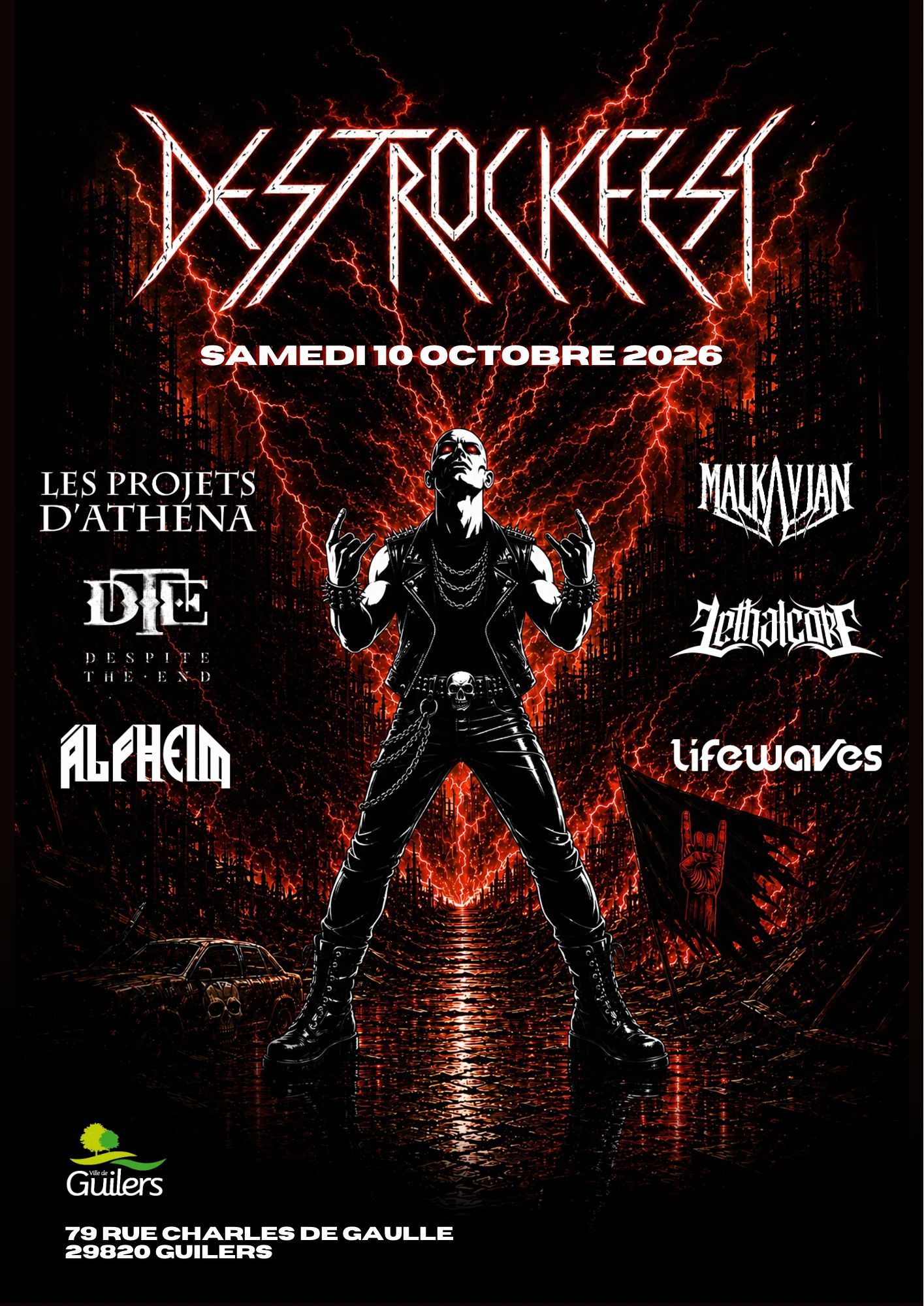Affiche de Destrock Fest avec 6 groupes (Death/Thrash/Metalcore/Cybermetal...) à Guilers (29)