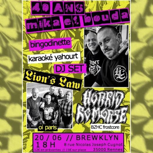 Affiche de Lion's Law (Oi!) / Horrid Remorse (Frostcore/HxC) en concert à Rennes (35)