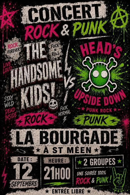 Affiche de The Handsome Kids (Rock) /  Head's Upside Dosn (Punk Rock live à St Méen (29)