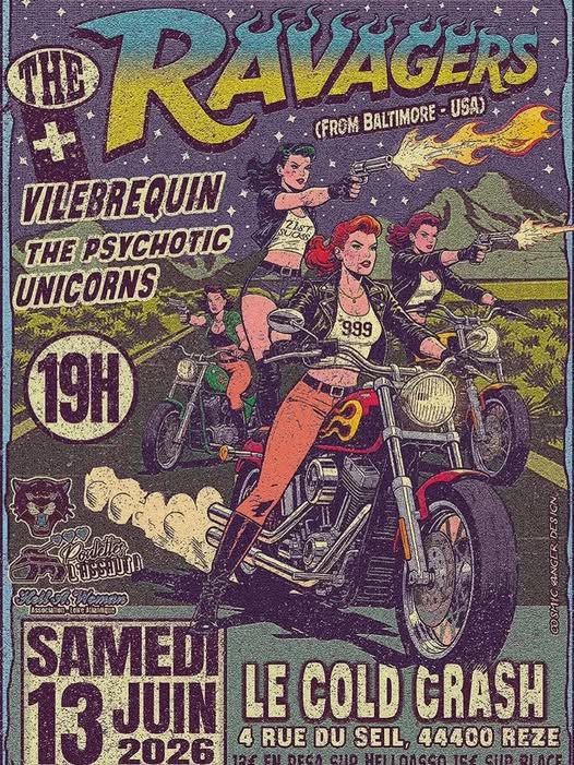 Affiche de The Ravagers (USA) / The Psychotic Unicorns / Vilebrequin en concert à Rezé (44)