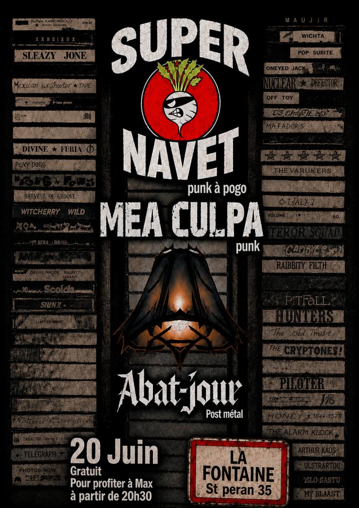 Affiche de Super Navet (Punk) / Mea Culpa (Punk) / Abat-Jour (Post-Metal) en concert à St Péran (35)
