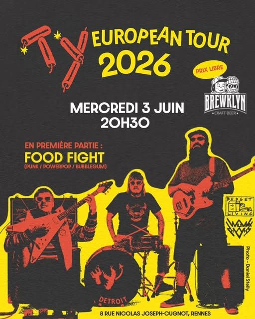 Affiche de Ty (Punk/Garage) et Food Fight (Powerpop/Punk 70's/Indie) en concert à Rennes (35)