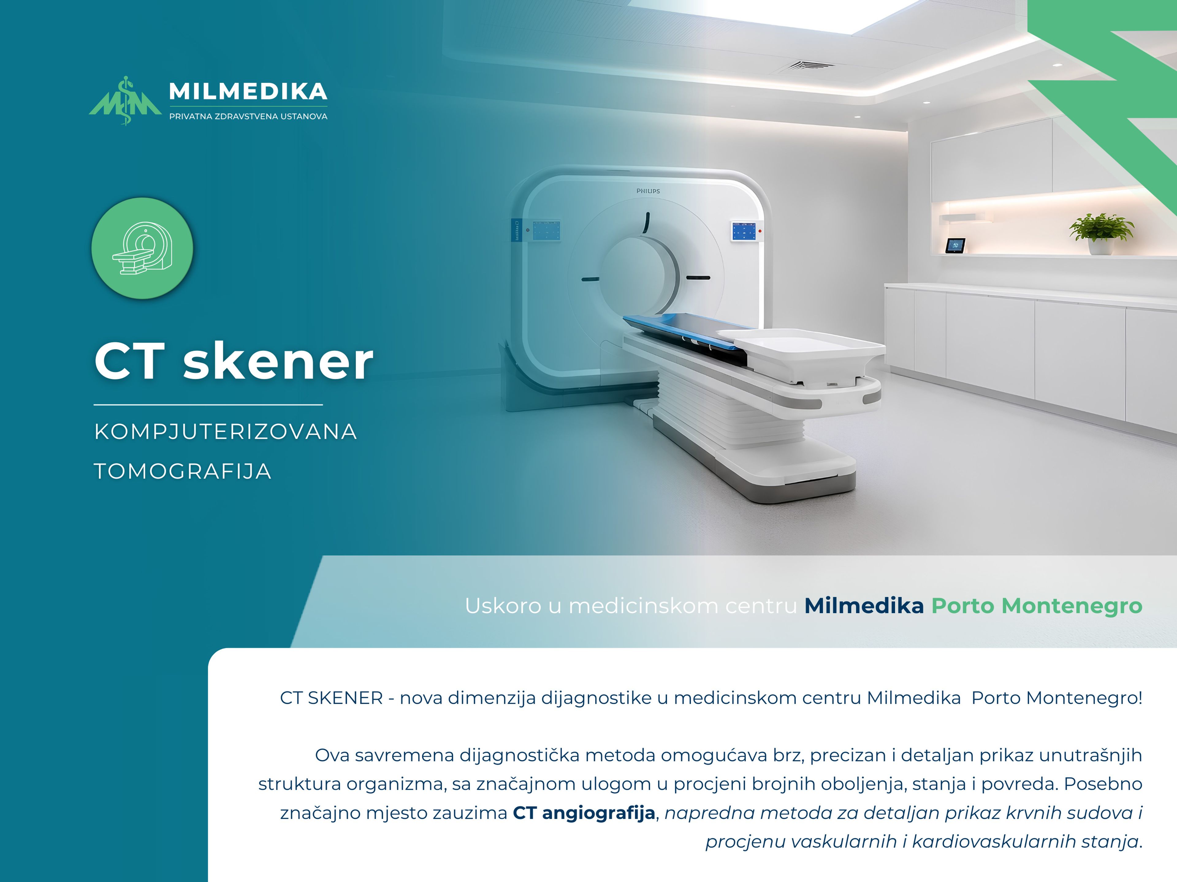 Next-generation CT scanner at Milmedika Porto Montenegro medical center for computed tomography and CT angiography.
