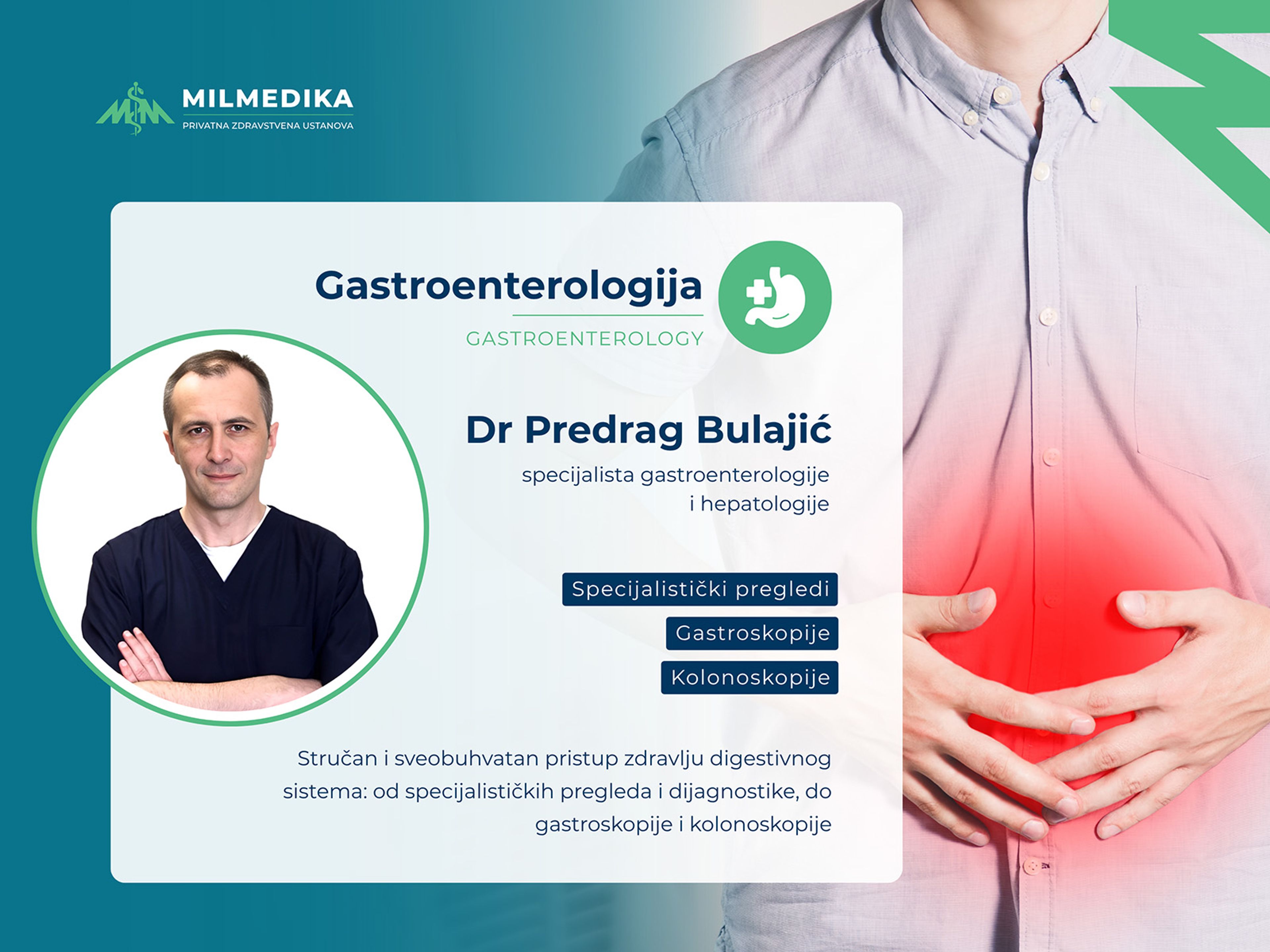 Dr Predrag Bulajić uz grafiku gastroenterologije i osobe sa bolom u stomaku – Milmedika.