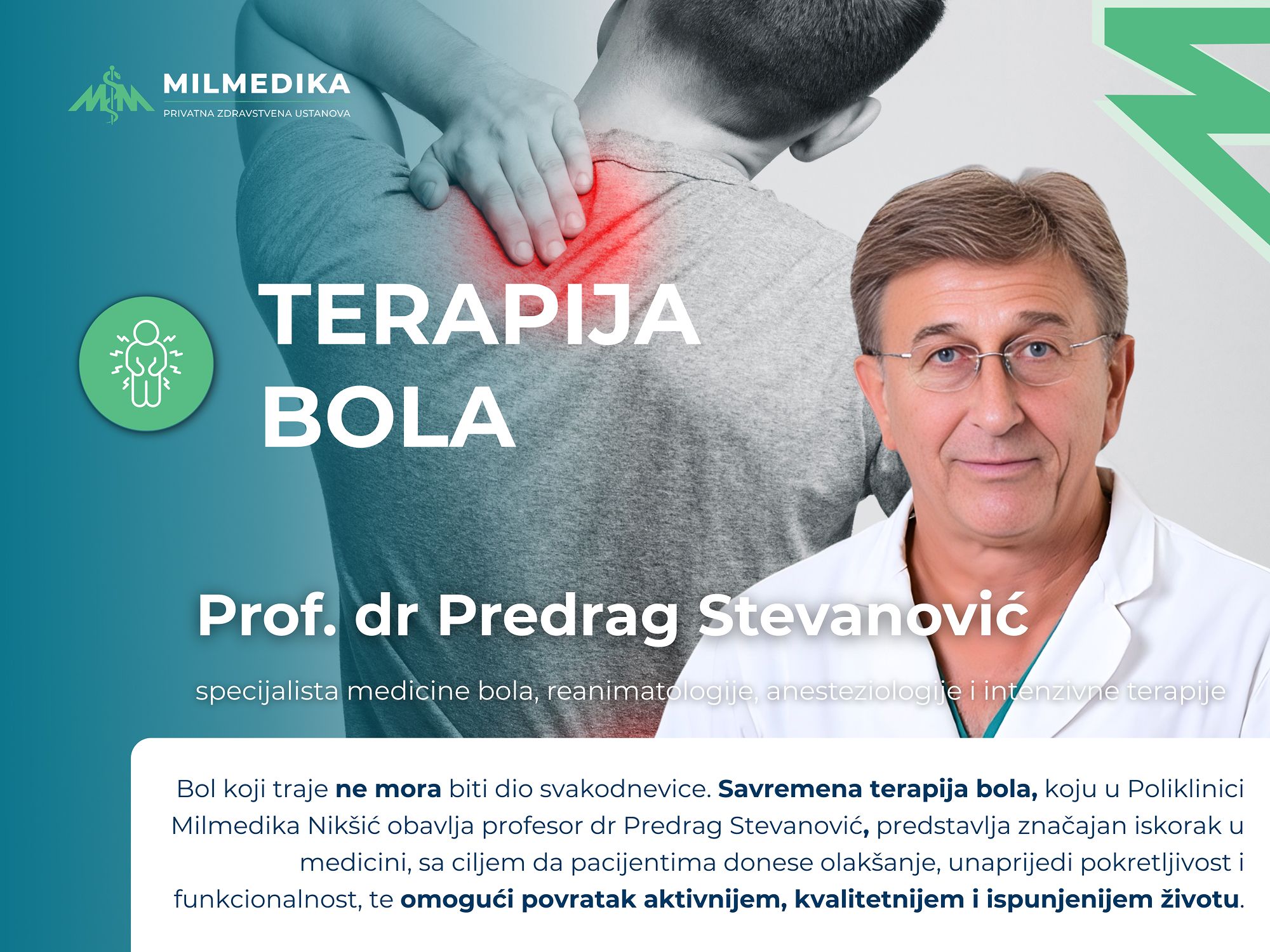 Vizual terapije bola sa prof. dr Predragom Stevanovićem u Poliklinici Milmedika Nikšić