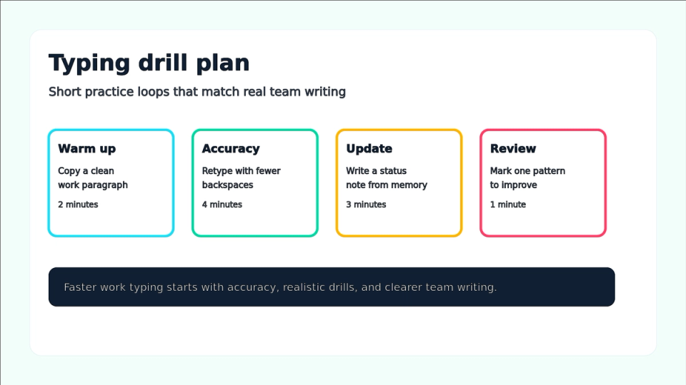 Typing speed drill plan with warm up, accuracy, update, and review steps.