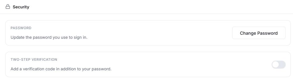 Password and two-step verification controls in Edworking’s Security settings.