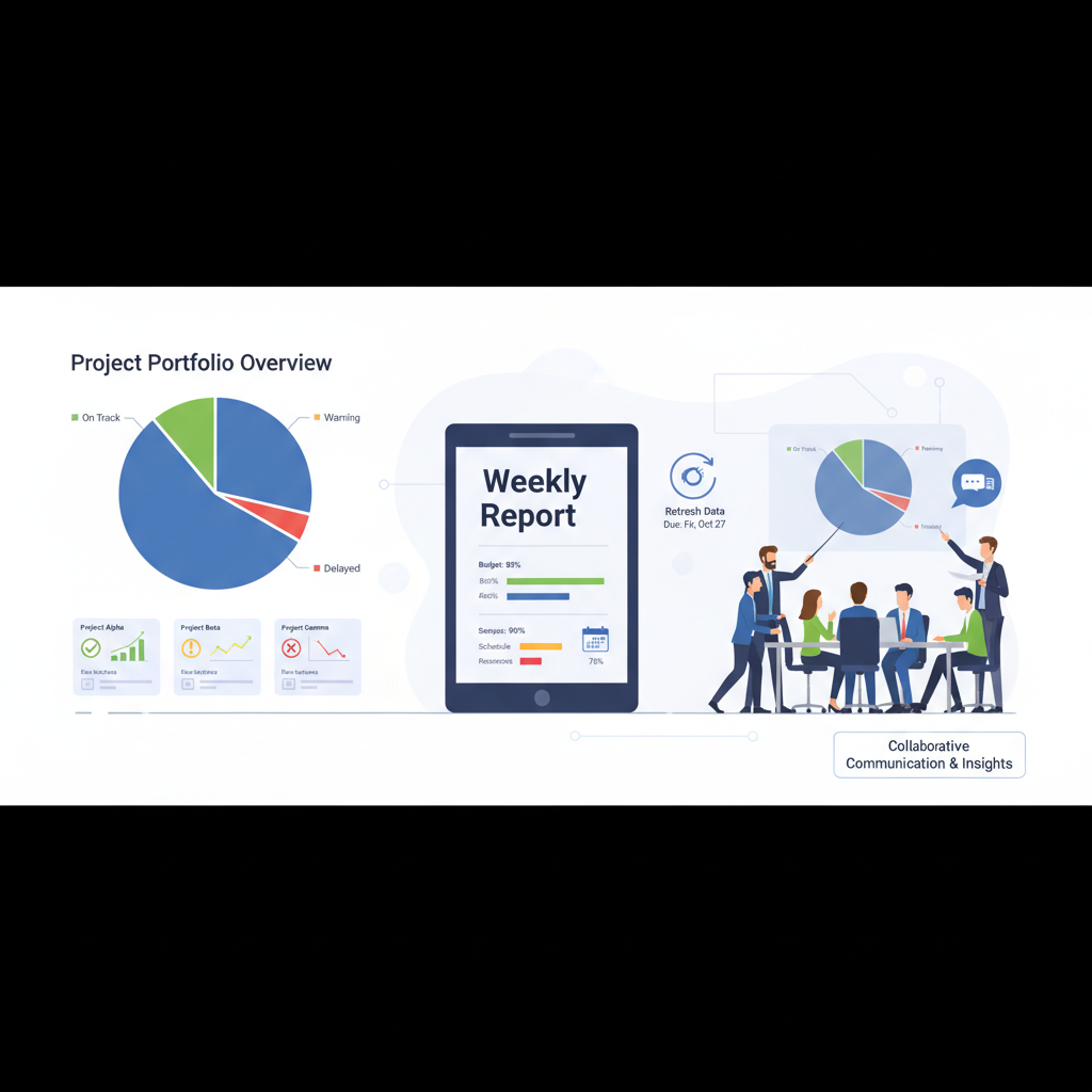 Strukturierter Projektstatusbericht mit priorisierten Aufgaben und klaren Verantwortlichkeiten.