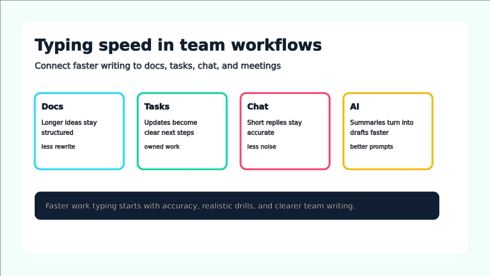Typing speed workflow connecting docs, tasks, chat, and AI summaries.