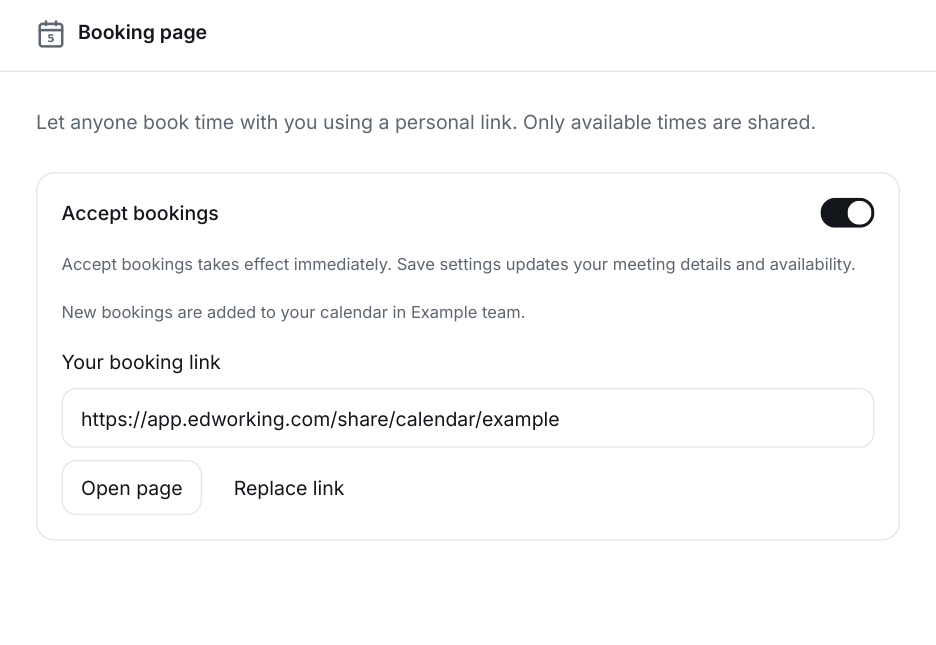 Booking page settings showing Accept bookings, an example personal booking link, Open page and Replace link.