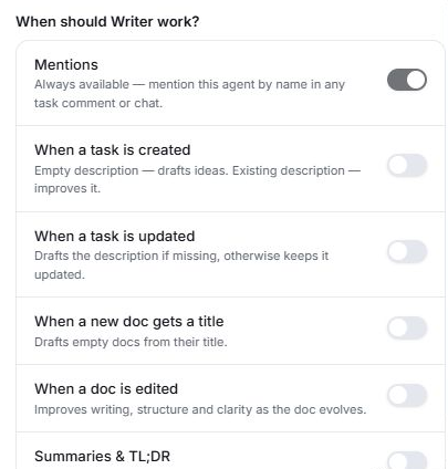 Choose when Writer helps with tasks, documents and summaries.