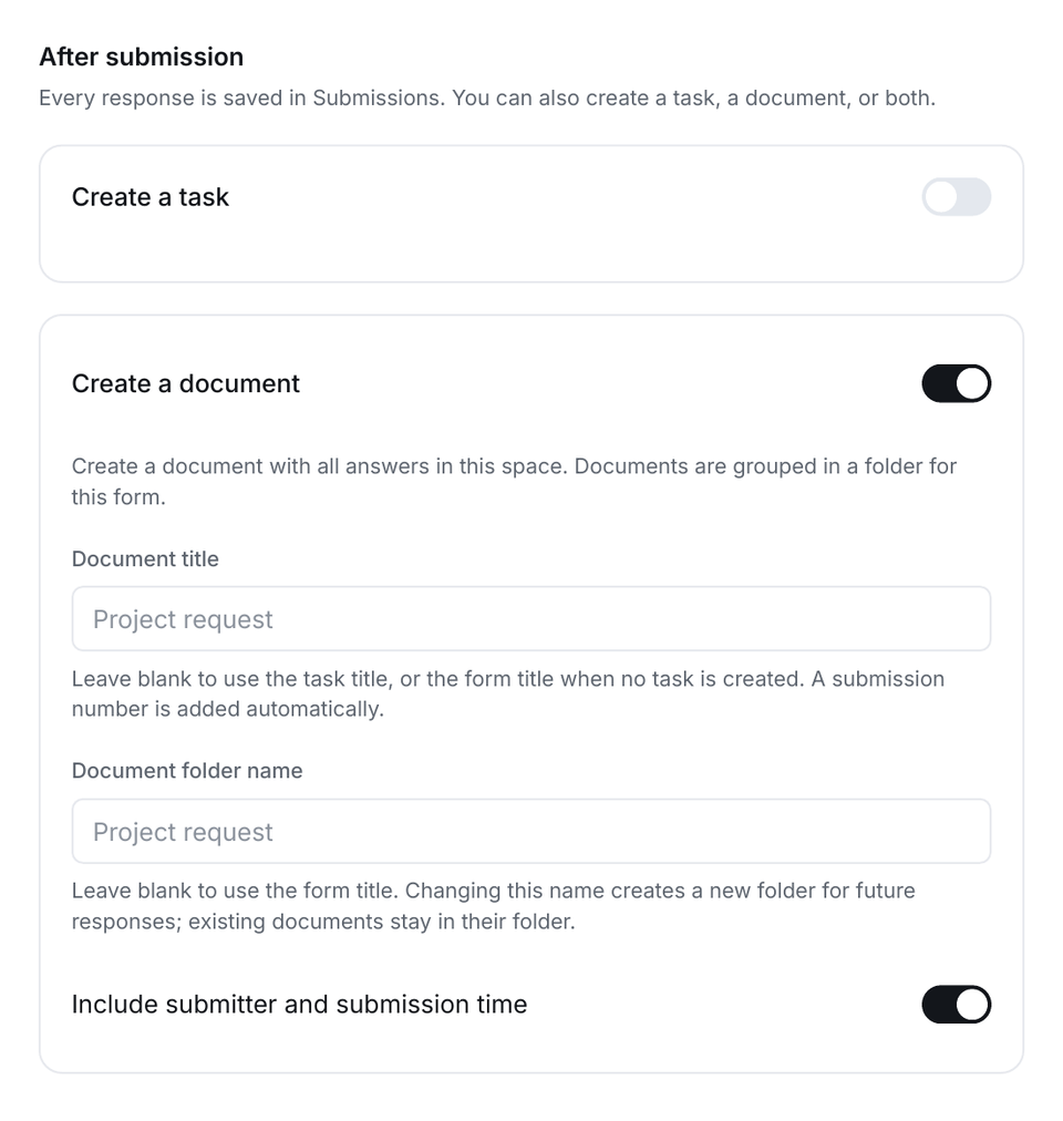 Forms After submission settings with task creation off and document creation on.