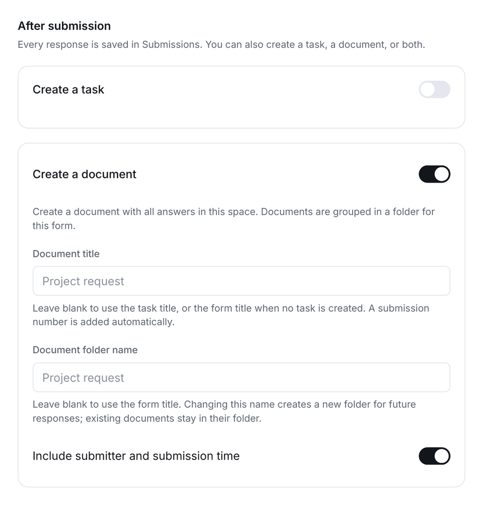 Forms After submission settings with task creation off and document creation on.