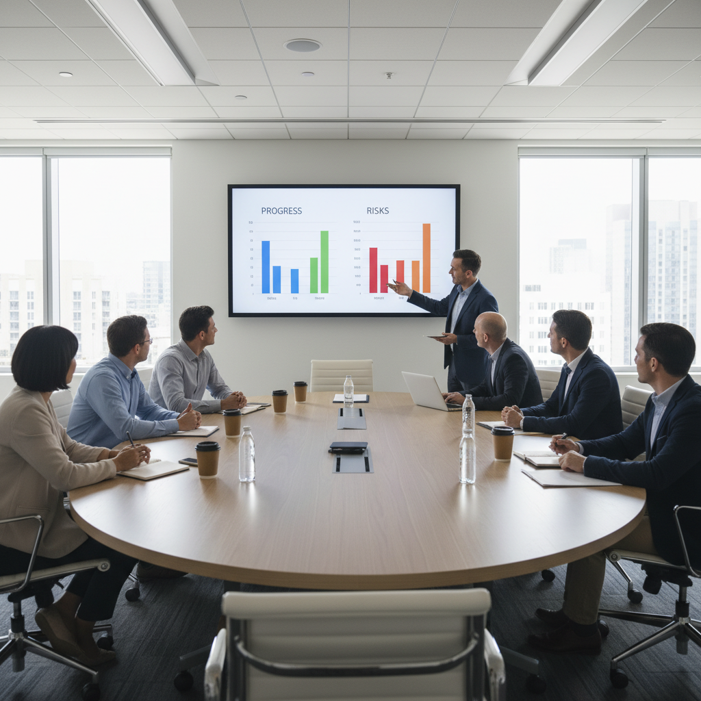 Projektteam im Weekly-Statusmeeting mit Dashboard zu Fortschritt und Risiken.