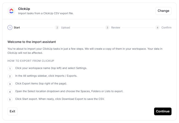 The ClickUp import wizard explains how to export tasks before uploading a CSV.