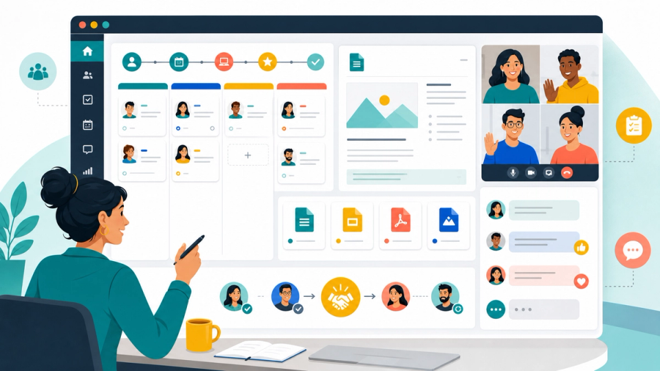 Workspace dashboard showing remote onboarding tasks, docs, files, chat, and video calls