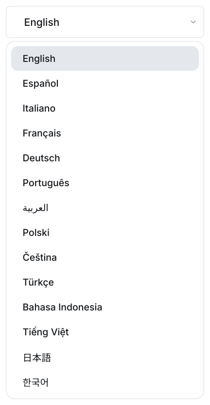 Edworking language picker with 14 choices, including Arabic, Polski, Türkçe and Bahasa Indonesia.
