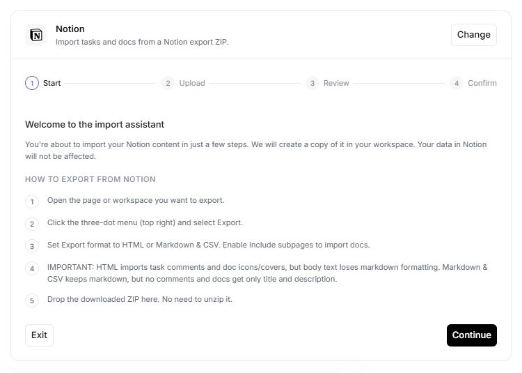 The Notion wizard explains export formats before you upload tasks and documents.