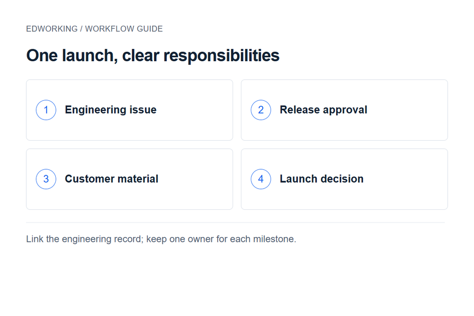 One launch, clear responsibilities: Engineering issue → Release approval → Customer material → Launch decision. Link the engineering record; keep one owner for each milestone.