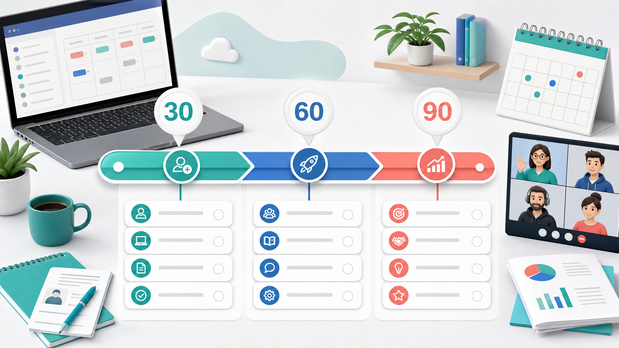 Remote onboarding timeline with tasks, documents, calendar, and video call steps