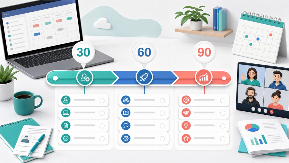 Remote onboarding timeline with tasks, documents, calendar, and video call steps