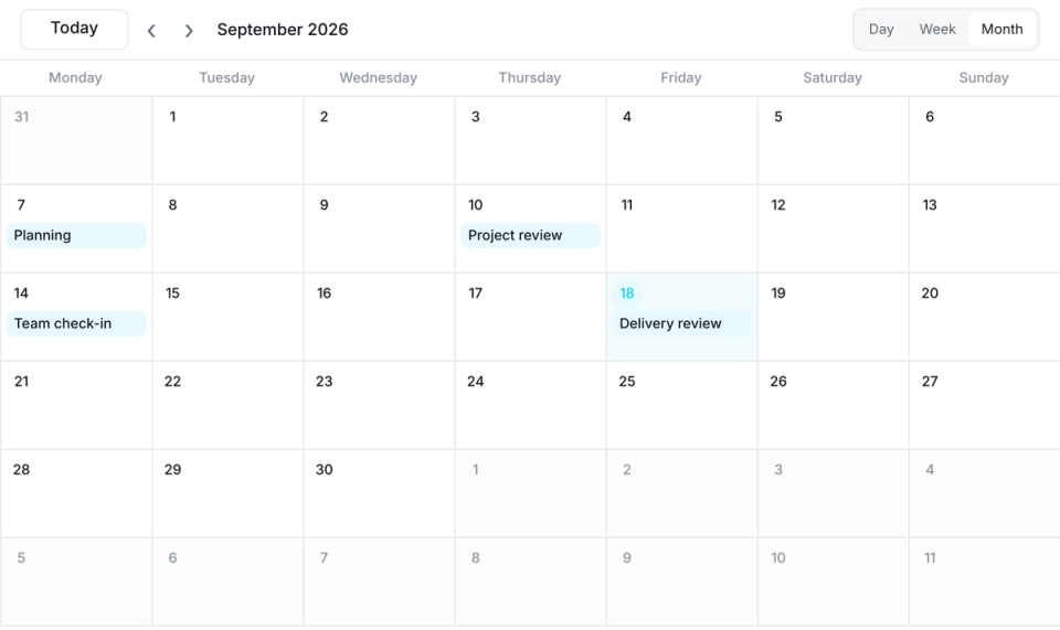 Edworking calendar with Day, Week and Month controls and September shown in month view.