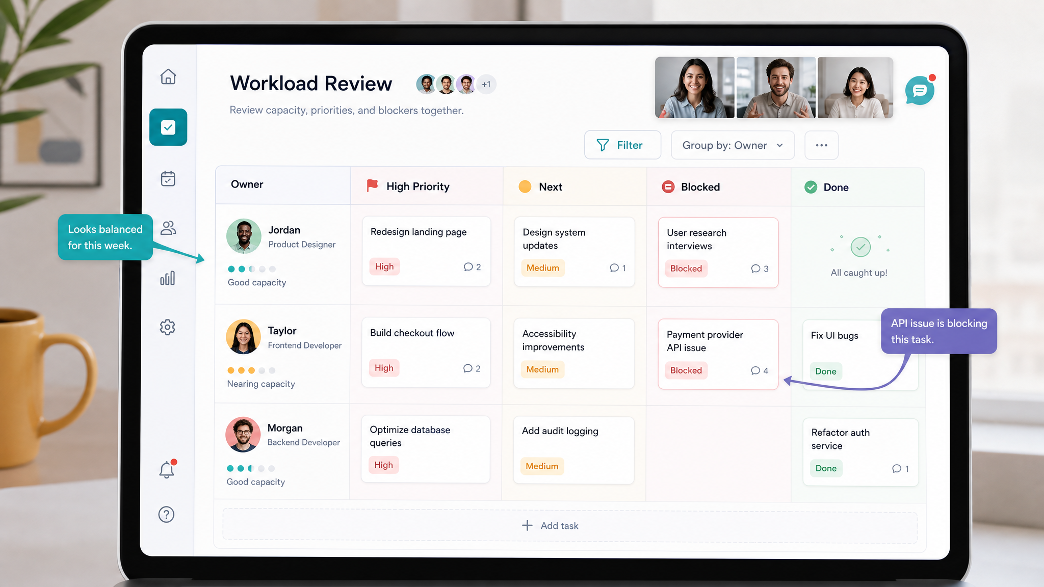 Small team workload review board with task owners priorities and blocked work.
