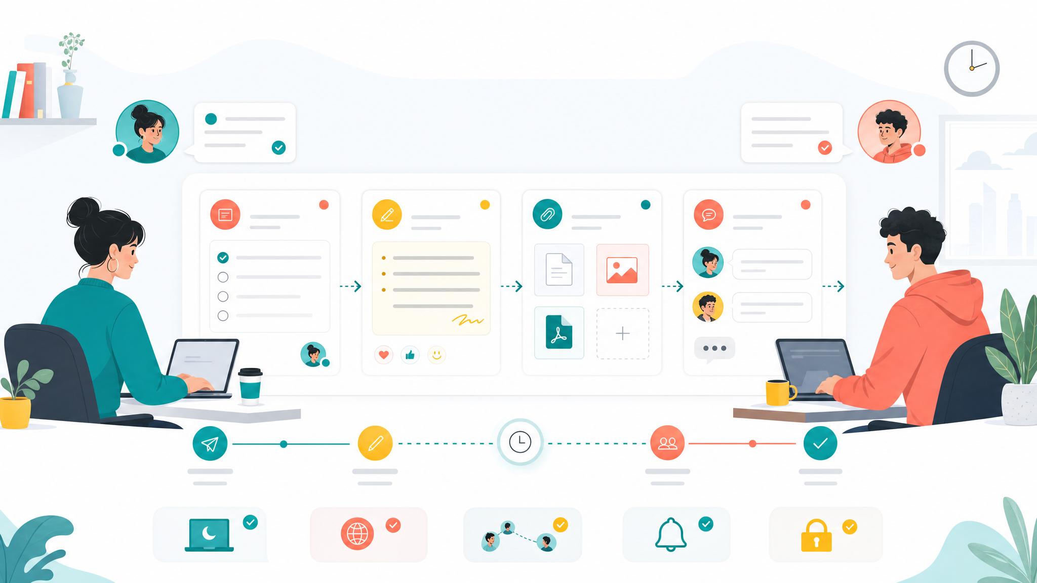 Async handoff workflow board connecting task cards, docs, files, and chat updates between teammates.