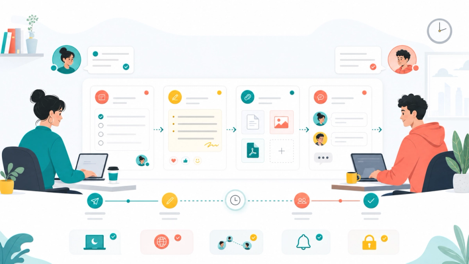 Async handoff workflow board connecting task cards, docs, files, and chat updates between teammates.