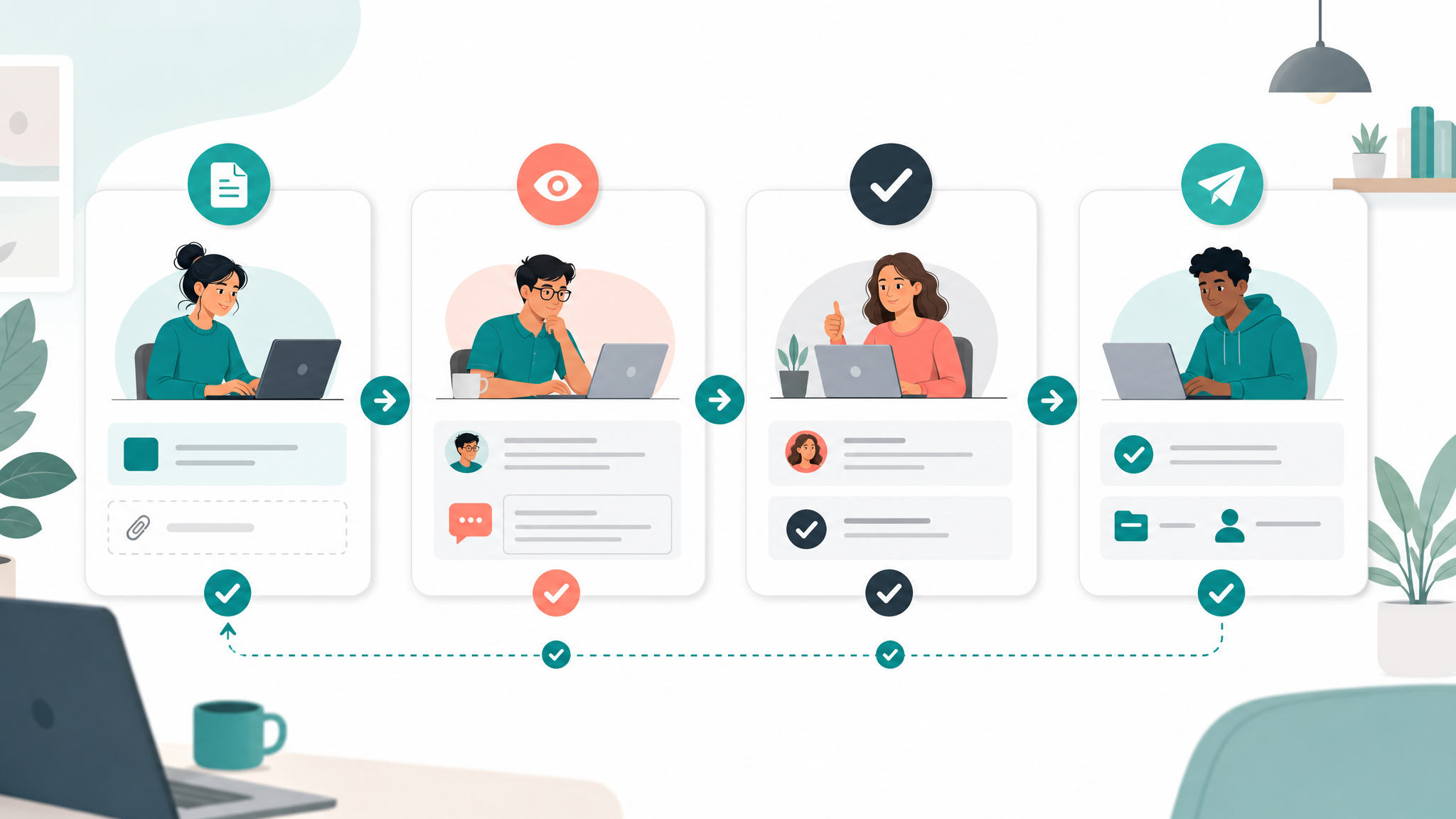 Approval workflow map showing request intake, review, approval, and handoff for a small remote team.