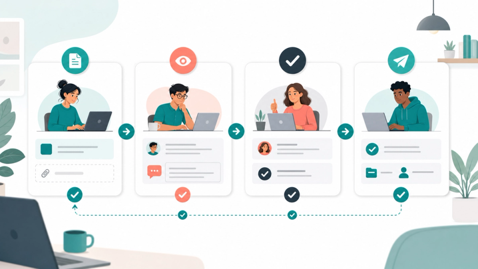 Approval workflow map showing request intake, review, approval, and handoff for a small remote team.