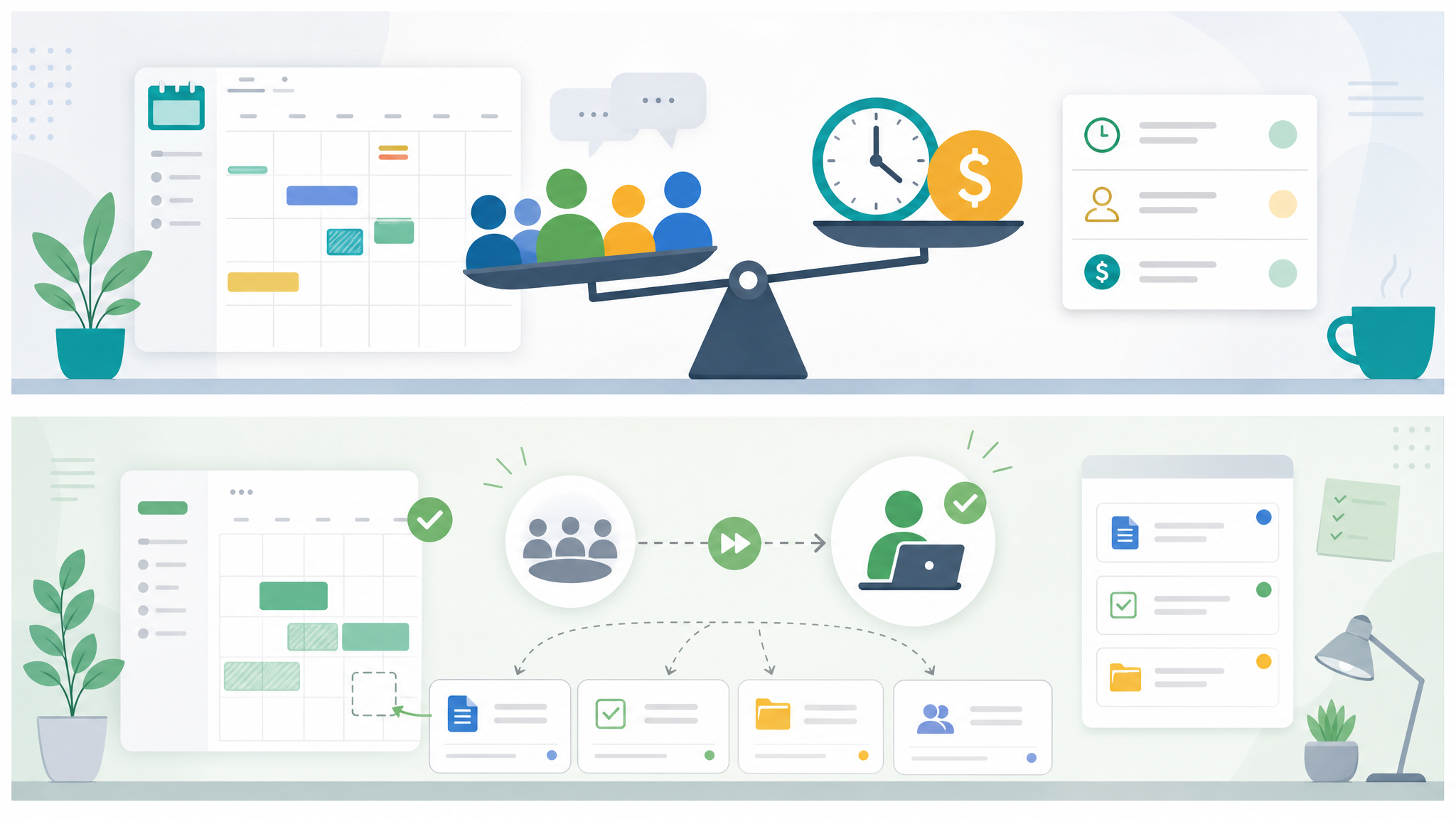 Meeting cost map showing calendar blocks, task cards, and time cost signals
