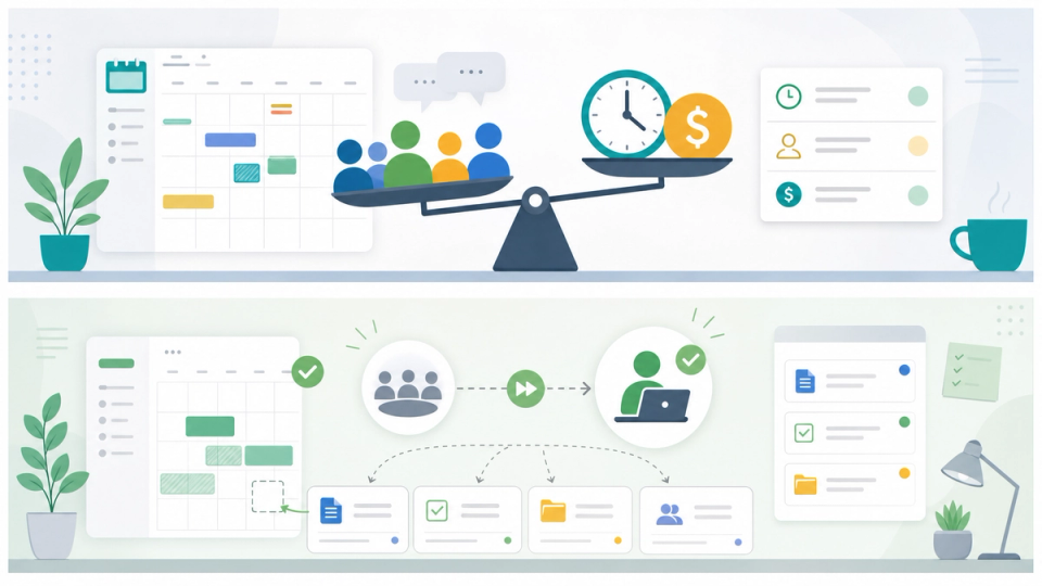 Meeting cost map showing calendar blocks, task cards, and time cost signals