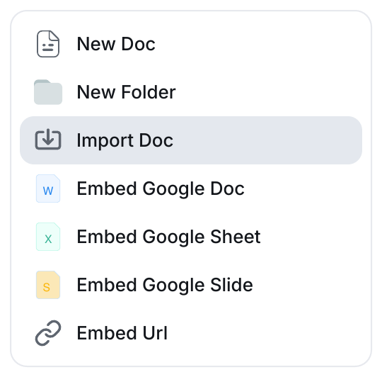 The Edworking Docs menu with Import Doc highlighted.
