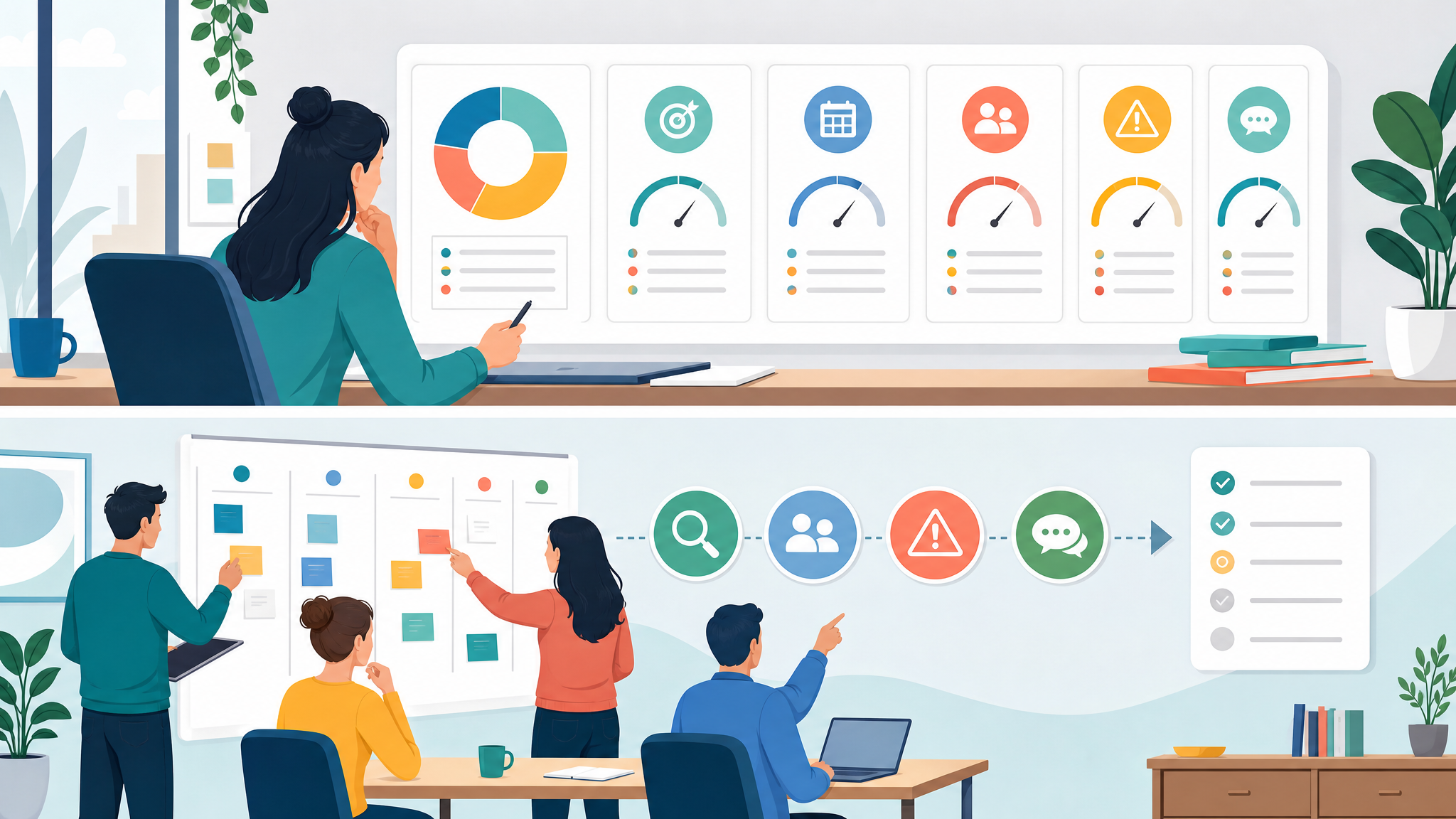 Small team triaging project health signals into owners risks and follow-up actions.