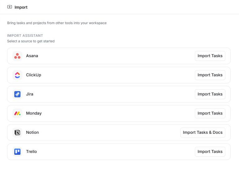 Choose Asana, ClickUp, Jira, Monday, Notion or Trello in Edworking’s import assistant.