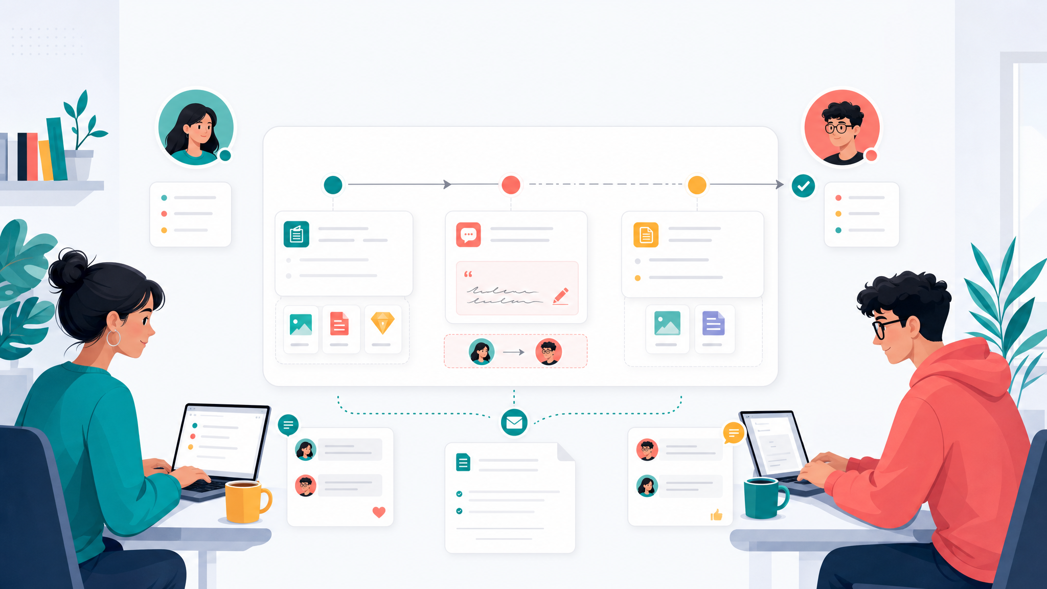 Remote teammates using a timeline of task notes, documents, and status updates to pass work forward.
