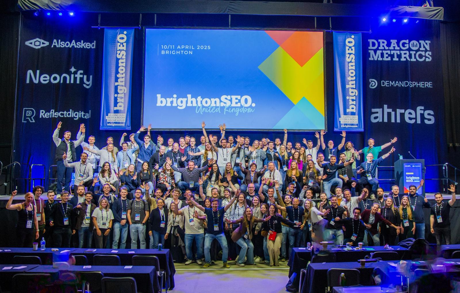 The brightonSEO crowd on stage at the Brighton Centre