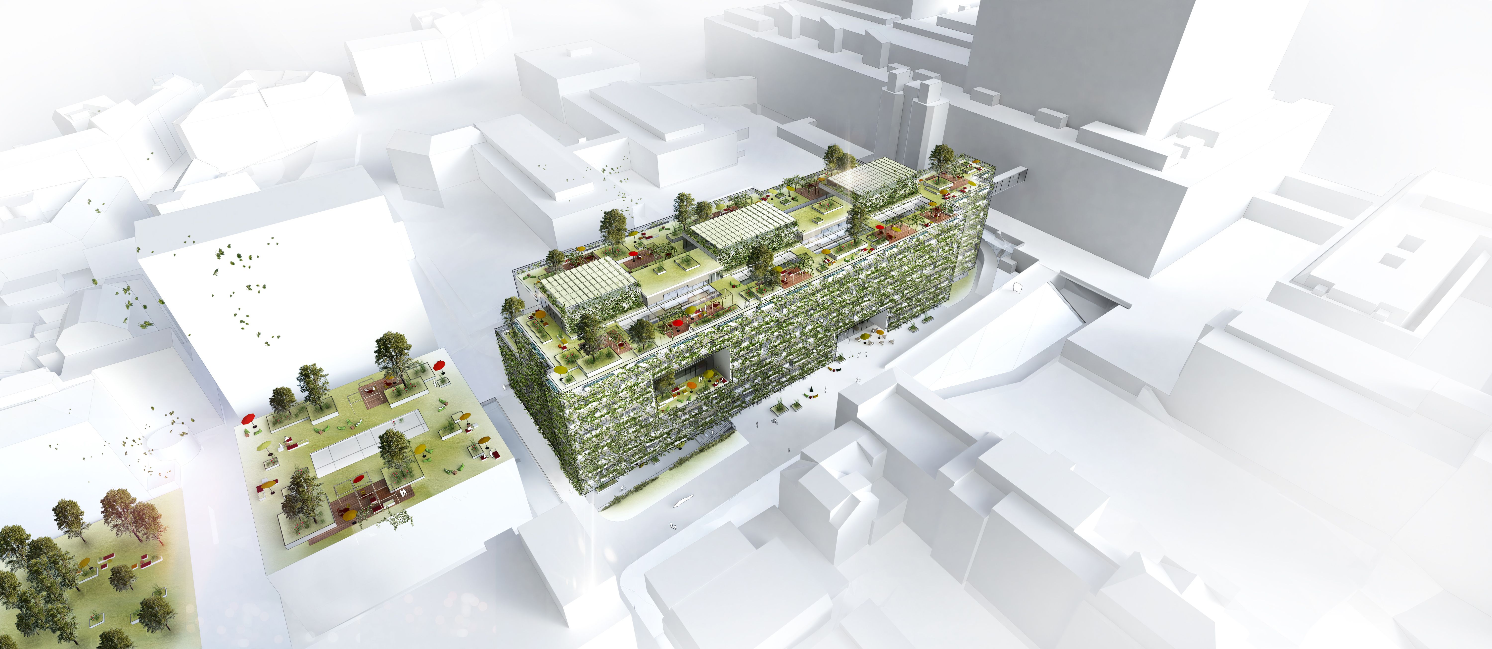 Visualisierung gesamtes Gebäude Vogelperspektive, viel grün, Pflanzen