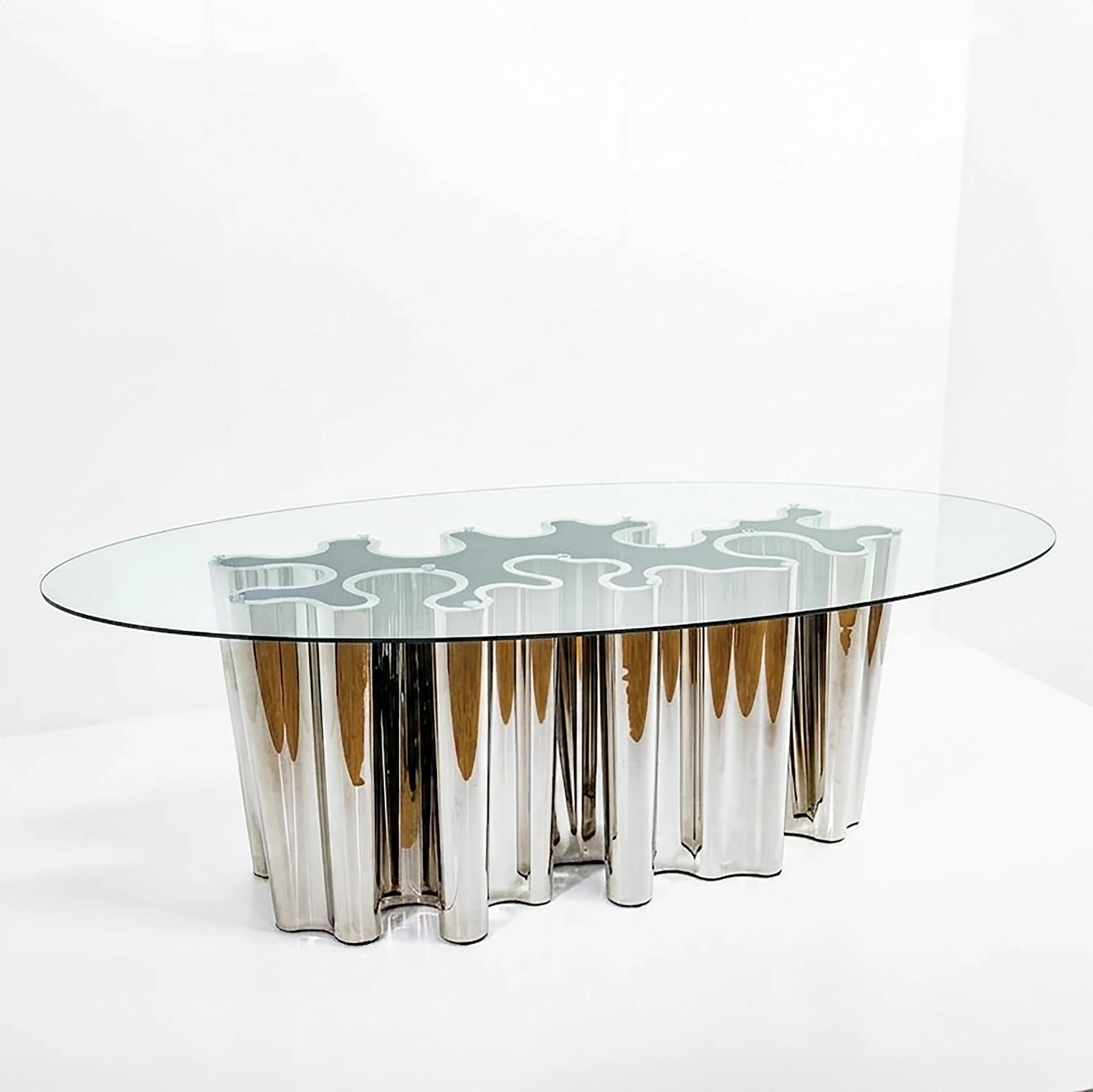 Oval Clear Glass Top Chrome Drape Base rental