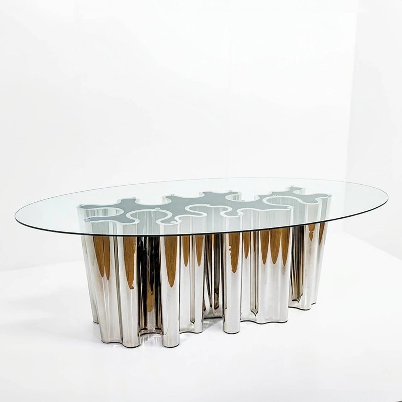 Oval Clear Glass Top Chrome Drape Base rental