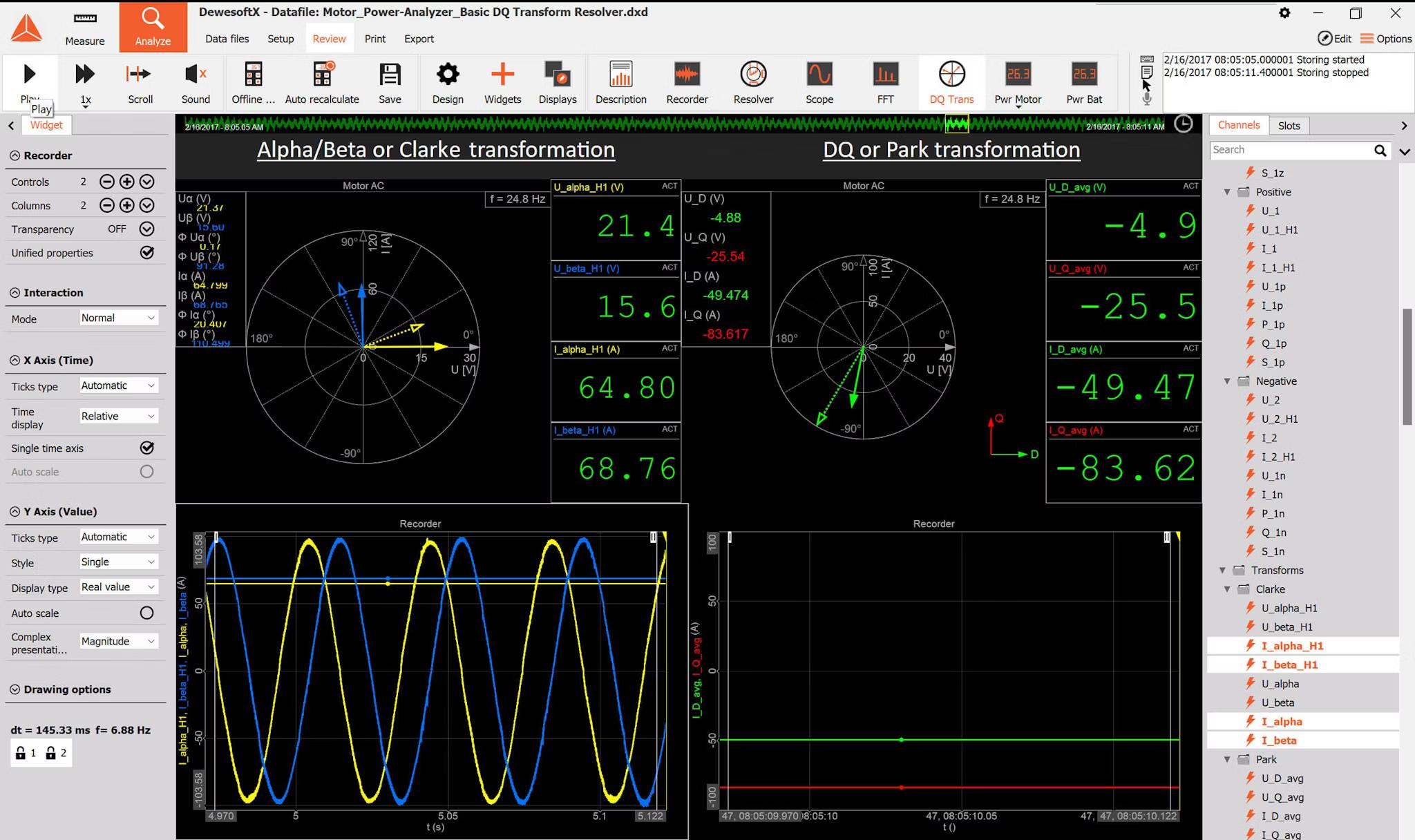 Clarke and Park transforms in DewesoftX software