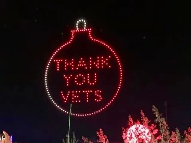 A red ornament-shaped light display reads Thank You Vets.
