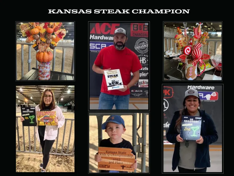 A collage labeled Kansas Steak Champion shows competition participants and awards.