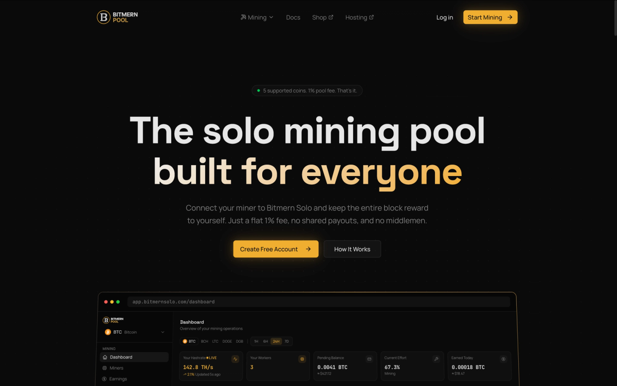 Bitmern Solo Pool homepage and mining dashboard