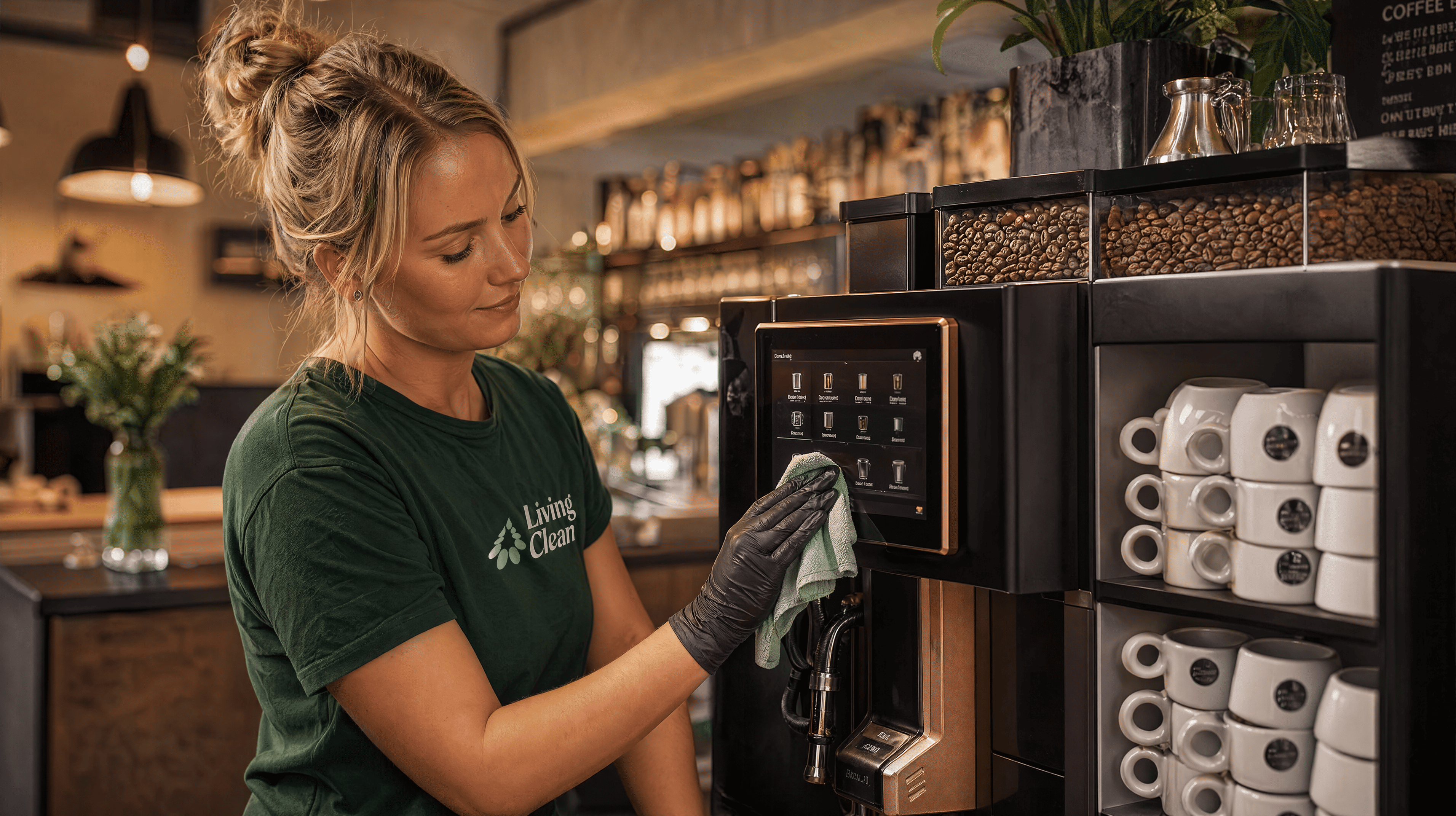 Living Clean-ansatt rengjør en kaffemaskin på et pauserom med kopper og kaffebønner i bakgrunnen.