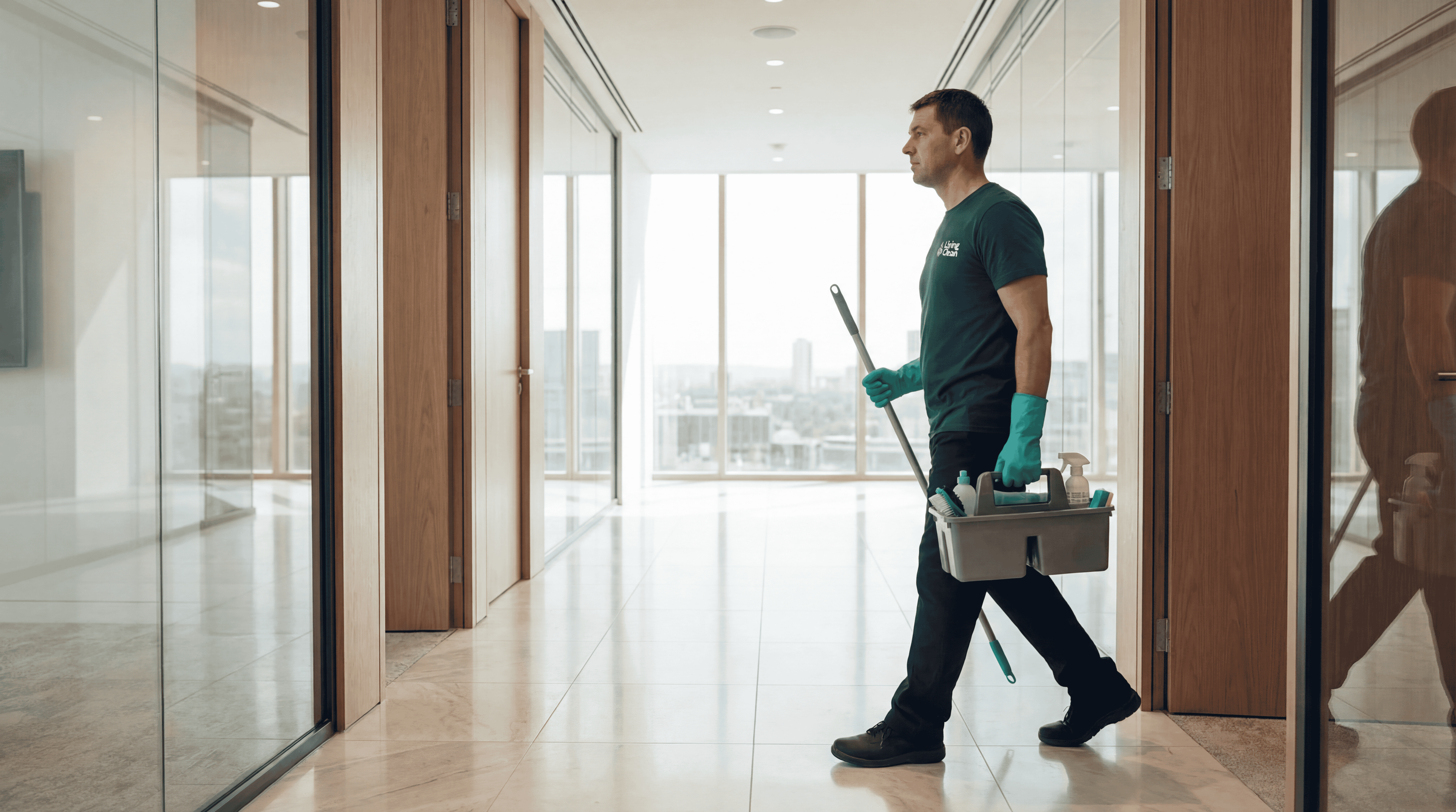 Living Clean-ansatt går gjennom en lys kontorkorridor med rengjøringsutstyr.