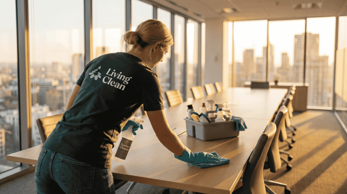 Living Clean-ansatt i grønn uniform rengjør et møtebord i et kontor med utsikt over byen.