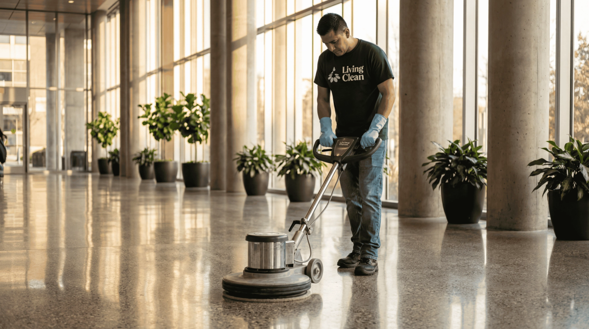 Living Clean-ansatt bruker gulvpoleringsmaskin i en lys korridor med søyler og planter.